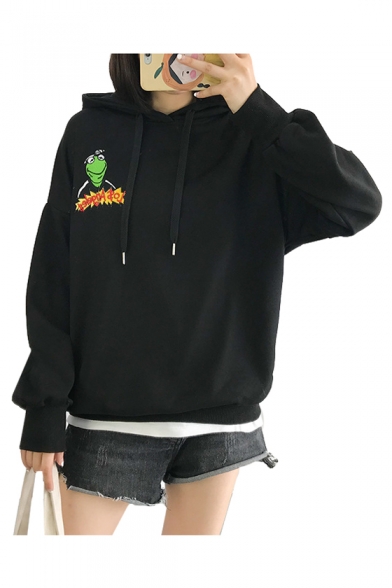 Cartoon Frog Letter Embroidered Long Sleeve Casual Hoodie