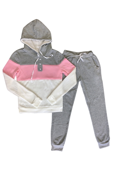 Color Block Button Front Embellished Long Sleeve Slim Hoodie with Drawstring Waist Slim Pants Co-ords