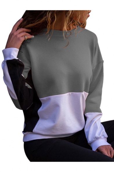 Color Block Round Neck Long Sleeve Casual Pullover Sweatshirt