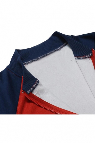 Color Block Stand Collar Raglan Sleeve Zip Up Slim Jacket