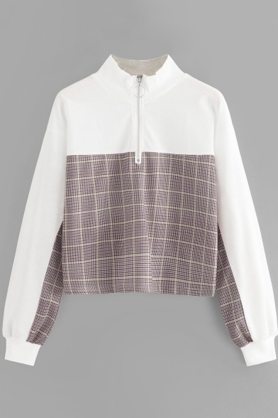 Contrast Plaid Long Sleeve Stand Collar Cropped Half-Zip Sweatshirt