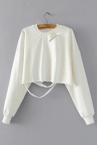 Cut Out Detail Round Neck Long Sleeve Loose Cropped Sweatshirt