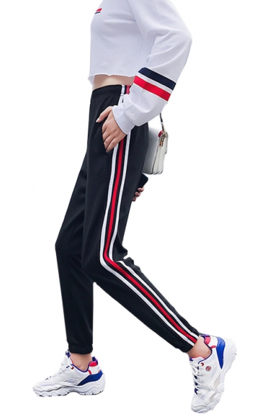 Elastic Waist Contrast Striped Side Loose Sports Pants