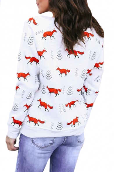 Fox Tree All Over Print Round Neck Long Sleeve Sweatshirt