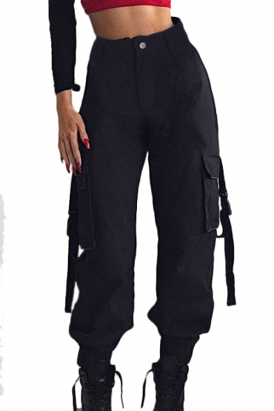 High Waist Straps Embellished Plain Elastic Cuff Cargo Pants