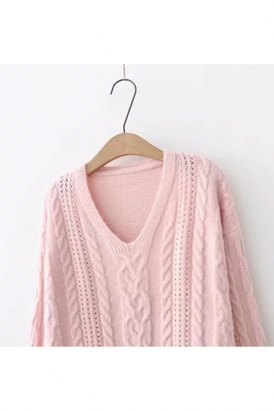 Knitting Twist V Neck Plain Long Sleeve Casual Sweater