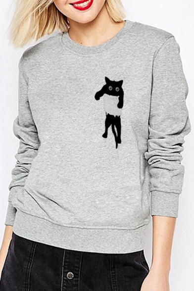 Leisure Pocket Cat Print Round Neck Long Sleeve Sweatshirt