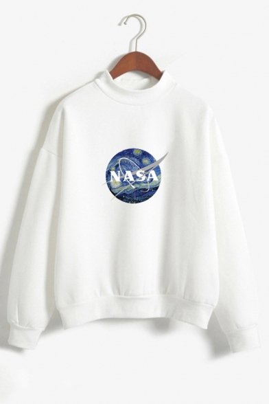 Painting NASA Letter Print High Neck Long Sleeve Sweatshirt