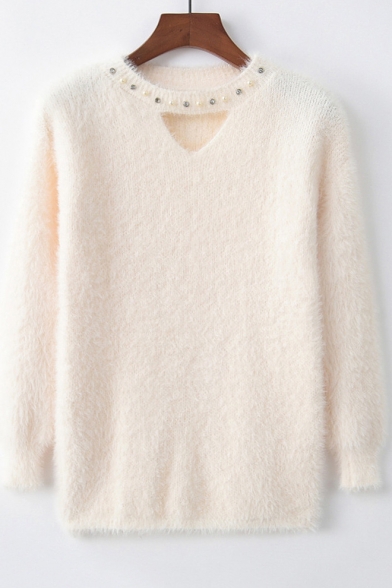 Pearl Diamante Round Neck Hollow Out Front Long Sleeve Faux Cashmere Sweater