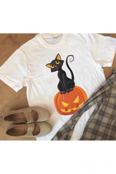 Pumpkin Cat Printed Slim Round Neck Short Sleeve T-Shirt