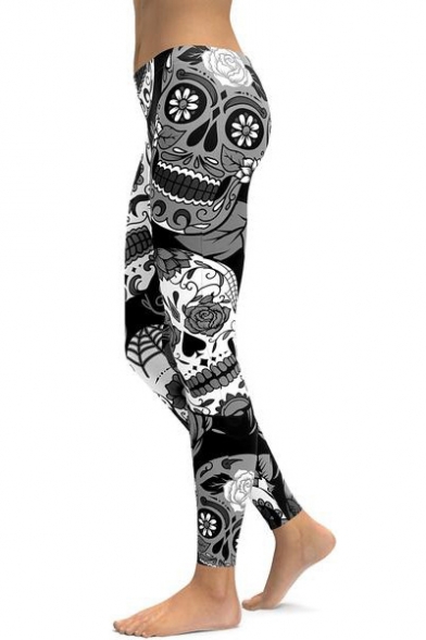 Skull Floral Print Elastic Waist Skinny Leggings