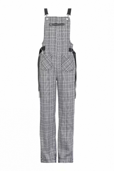 Vintage Plaid Printed Straps Chain Embellished Overall Jumpsuit