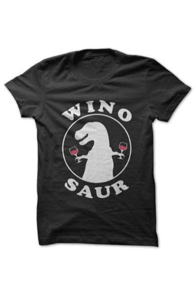 WINO Letter Dinosaur Printed Round Neck Short Sleeve Casual T-Shirt