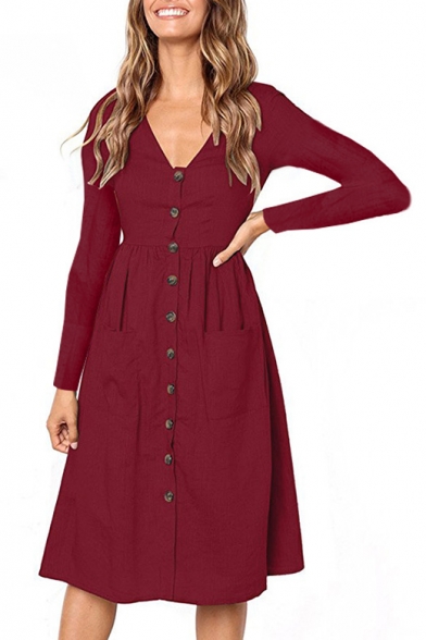 Button Front V Neck Long Sleeve Plain Midi A-Line Dress with Pockets