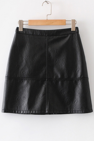 Chic High Waist Zip Fly Back Plain PU Mini A-Line Skirt