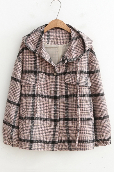 Chic Plaid Button Front Long Sleeve Elastic Cuffs Hooded Jacket