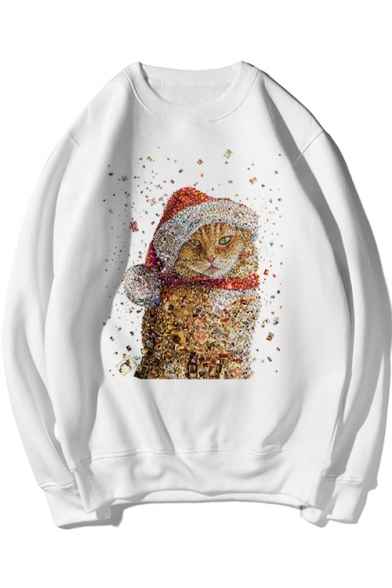 Christmas Cat Printed Round Neck Long Sleeve Pullover Sweatshirt