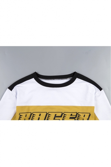 Color Block Letter Printed Round Neck Long Sleeve Cropped Sweatshirt