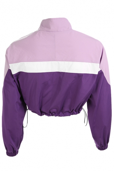 Color Block Zipper Front Elastic Hem Long Sleeve Cropped Sweatshirt