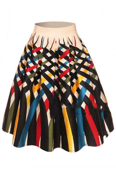 Colorful Cross Striped Printed High Waist Retro Midi Flare Skirt