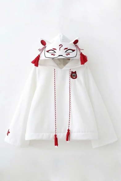 Cute Fox Embroidered Tassel Embellished Long Sleeve Hoodie