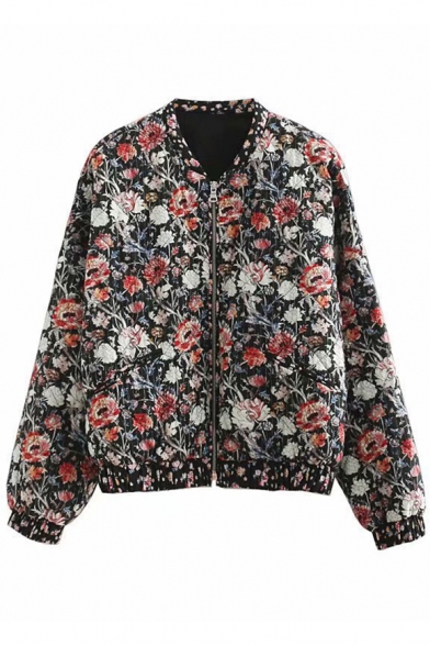 Floral All Over Printed Stand Up Collar Long Sleeve Zip Up Baseball Jacket