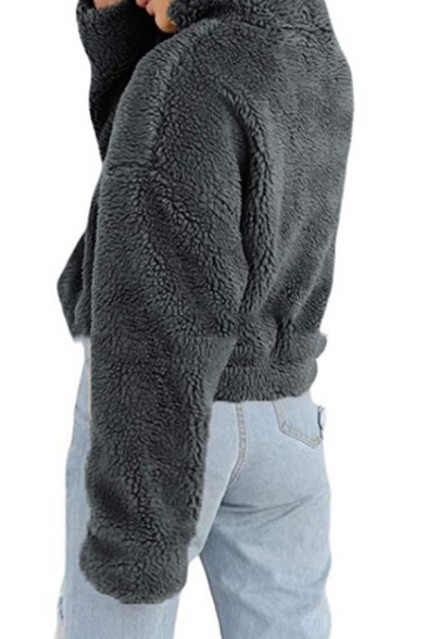 Half Zip Stand Collar Faux Fur Long Sleeve Plain Cropped Sweatshirt