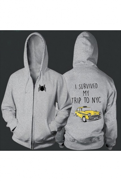 I SURVIVED MY TRIP Letter Car Print Long Sleeve Zip Up Hoodie