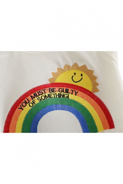 Letter Sun Rainbow Embroidered Round Neck Short Sleeve T-Shirt