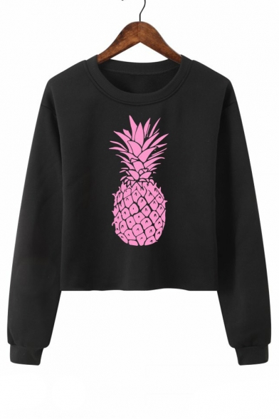 Pineapple Printed Round Neck Long Sleeve Crop Sweatshirt