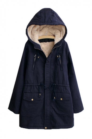 Plain Long Sleeve Sherpa Lined Zipper Front Hooded Coat