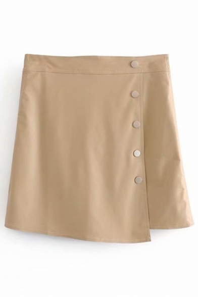 Button Front High Waist Asymmetric Hem Plain PU Mini Skirt