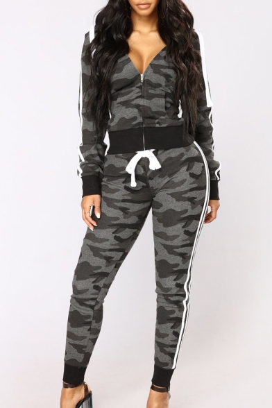 Camouflage Contrast Striped Side Long Sleeve Zip Up Hoodie with Skinny Pants Sports Co-ords