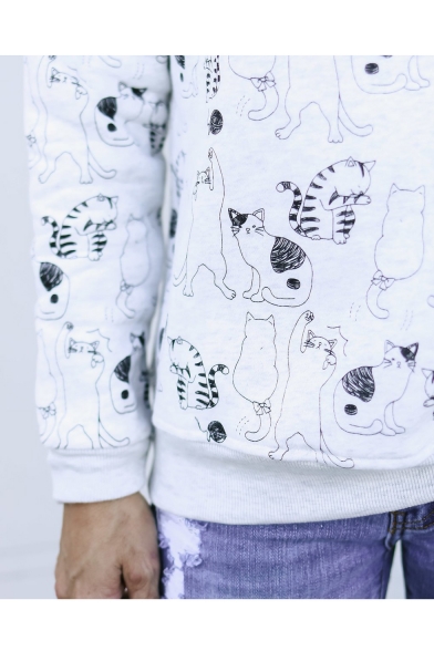 Cat All Over Pattern Round Neck Long Sleeve Woman Sweatshirt