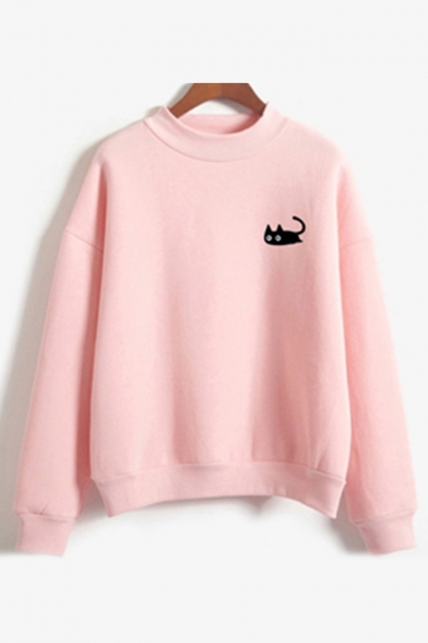 Cat Print Crew Neck Long Sleeve Pullover Sweatshirt