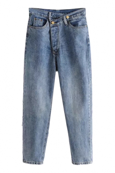 Chic Asymmetric Offset Button Placket Faded Tapered Jeans