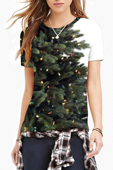 Color Block Christmas Tree Printed Round Neck Short Sleeve T-Shirt