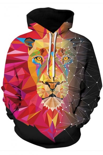 Color Block Geometric Lion Print Long Sleeve Unisex Hoodie