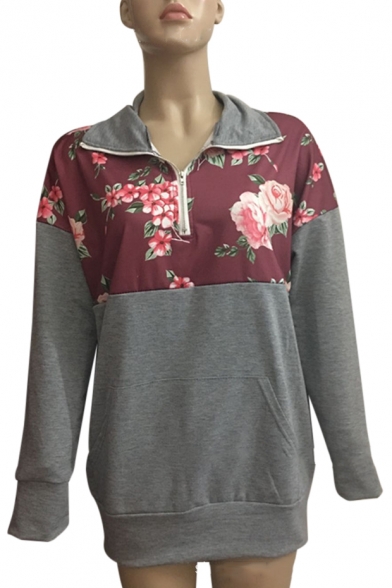 Contrast Floral Panel Long Sleeve Lapel Collar Half-Zip Sweatshirt
