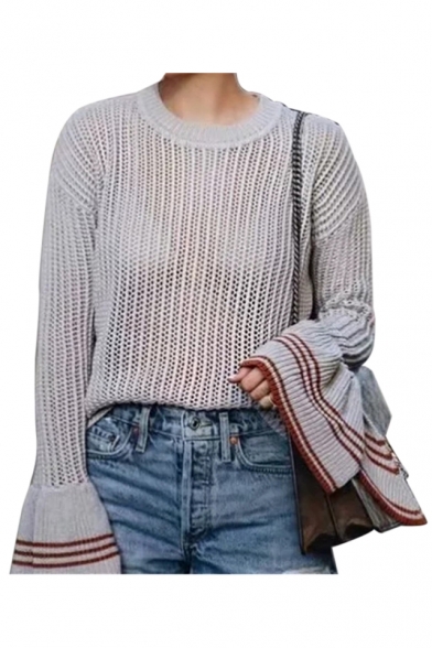 Contrast Striped Flare Long Sleeve Hollow Out Round Neck Casual Sweater