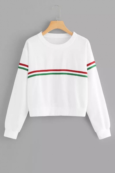 Contrast Striped Patched Round Neck Long Sleeve Sweatshirt