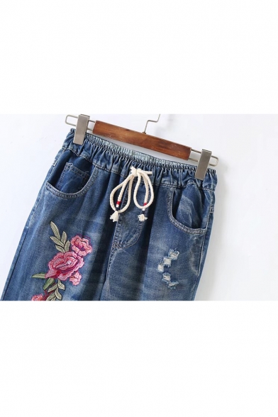 Faded Floral Embroidered Drawstring Waist Distressed Detail Loose Cropped Jeans