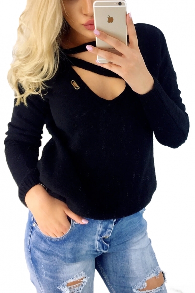Hollow Out Front V Neck Long Sleeve Slim Sweater