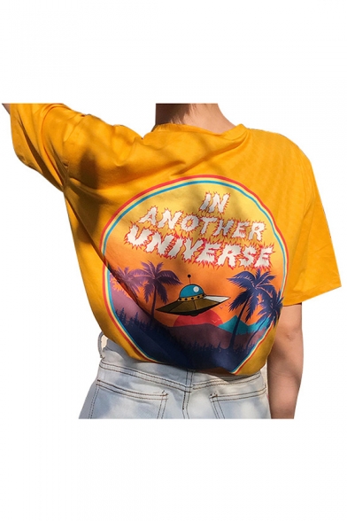 IN ANOTHER UNIVERSE Letter UFO Printed Round Neck Short Sleeve Tee