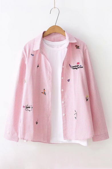 

Letter Floral Embroidered Plaid Printed Lapel Collar Long Sleeve Button Front Shirt, Blue;pink