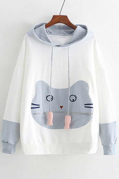 Lovely Color Block Cat Pattern Pocket Front Long Sleeve Loose Hoodie