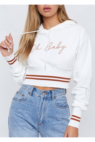 OH BABY Letter Printed Contrast Striped Long Sleeve Cropped Hoodie