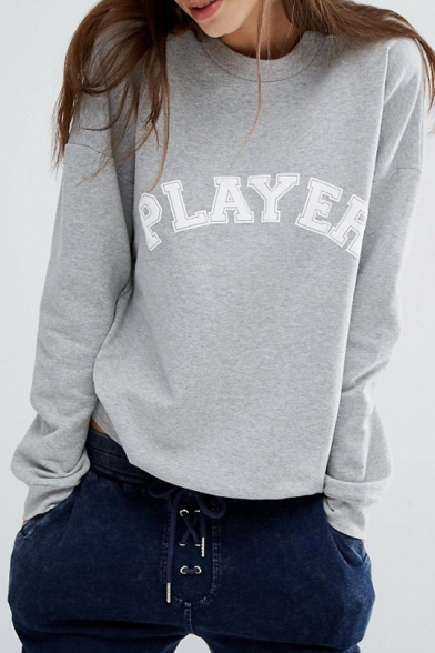 PLAYER Letter Applique Round Neck Long Sleeve Sweatshirt