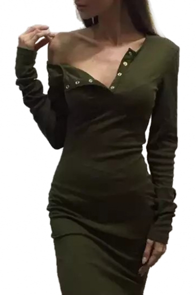 Sexy Round Neck Button Front Ribbed Long Sleeve Plain Mini Bodycon Dress
