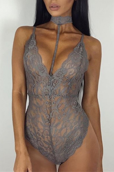 Sexy Spaghetti Straps Sleeveless Sheer Lace Bodysuit with Choker